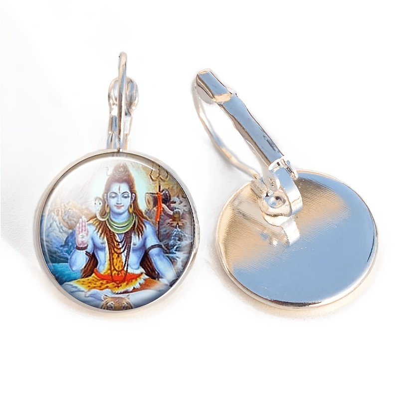 2pcs Round Glass-inlaid White Earrings with Deity Design